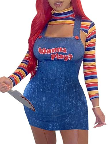 Springcmy 2-teiliges Halloween-Kostüm, Cosplay, gruseliger Albtraum-Killer-Puppe, Wanna Play, Filmfigurenkleid, Chucky-Puppen-Kostüm-Set, B2-Blau, L