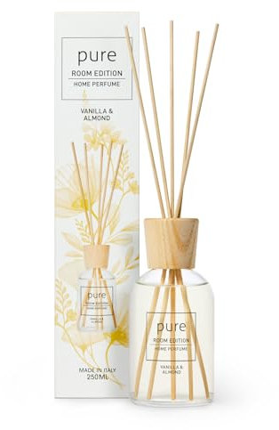 PURE ROOM EDITION 250ml Raumduft Vanille & Mandel: natürliche Inhaltsstoffe, vegan & tierversuchsfrei, Bio-Alkohol, Diffuser mit Stäbchen hergestellt in Italien