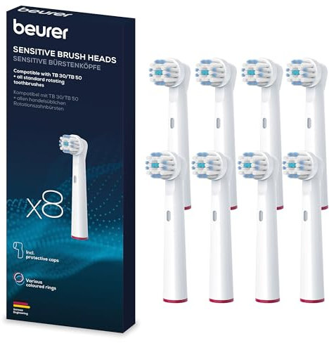 Beurer TB 30/50 Aufsteckbürsten für elektrische Zahnbürste, Oral-B kompatible Bürstenköpfe, Sensitive, 8 Stück, weiße Ersatzbürsten