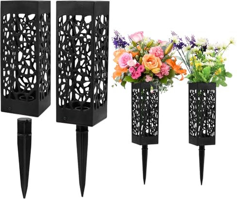 Grabvasen für Friedhof mit Pfahl, Grabblumenhalter, Gedenktag, Grabdekoration, Friedhofsvasen für Grab für Friedhof, Grabstein, Blumenmarker, Schwarz, 4 Stück