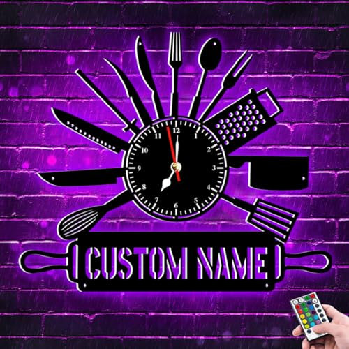 Horloges murales de cuisine personnalisées avec cuillères et fourchettes, nom en métal personnalisé lumineux à DEL noir, design moderne, couverts de cuisine, ustensiles de cuisine, cuillère,