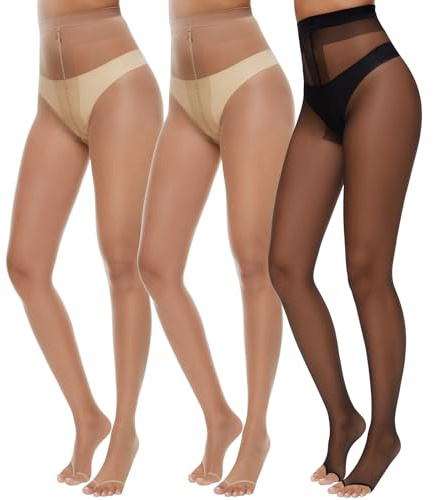 MANZI 3 Pairs Toeless Pantyhose Tights for Women Ultra Thin 10D Toe Open Control Top Pantyhose(2 Natural+1 Black,XL