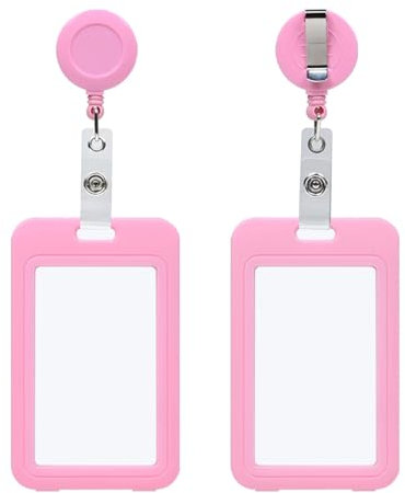 Porte-badge vertical double face rose transparent avec enrouleur de clips ronds rétractables, protecteur en plastique rigide pour carte d'identité, fille et femme