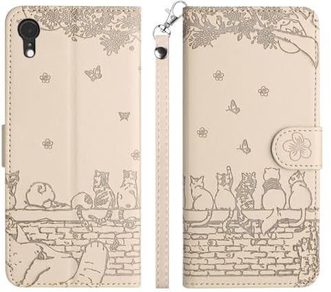 Case for iPhone XR Phone Case, Embossed Cute Cats PU Leather Flip Case for iPhone XR with Card Holder and Magnetic Closure, Beige