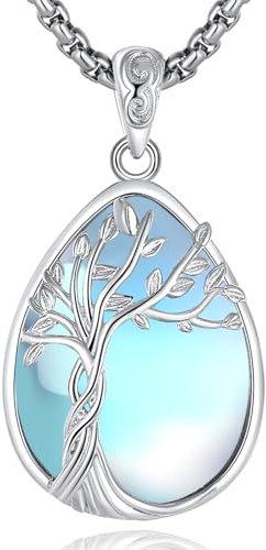 EUDORA Harmony Ball Collier arbre de vie pour femme, argent sterling 925, arbre de vie, gouttelettes d'eau, pierre de lune, pendentif, bijoux cadeau pour maman, épouse, sœurs, 55,9 cm