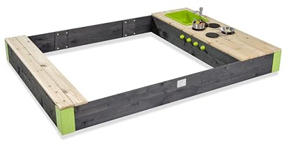 EXIT Toys Aksent Großer Holzsandkasten mit Küche - Mit drehbarem Herd, Küchenzubehör, Spülbecken mit funktionierendem Wasserhahn, Ablage und Sitzbank - Für Kinder - 100% FSC Zedernholz - 200x140cm