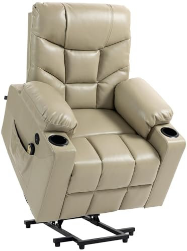 CLP Sessel Andover I Relaxsessel Elektrisch Verstellbar Mit Aufstehhilfe I Fernsehsessel Mit Liegefunktion, USB Ports Und Getränkehalter, Farbe:Creme, Material:Kunstleder