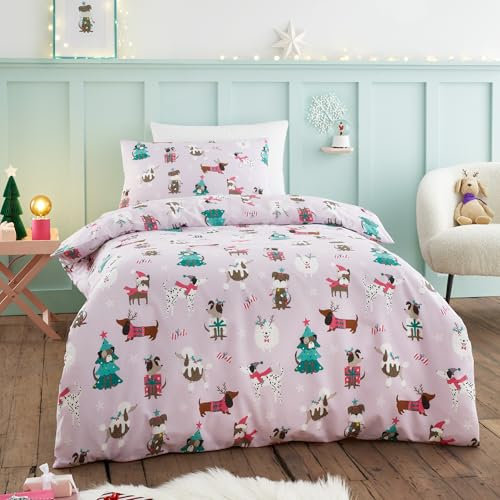 Happy Linen Company Girls Boys Kids Santa Paws Christmas Dogs Lilac Single Reversible Soft Easy Care Bed Linen Duvet Cover Quilt Bedding Set With Pillow Case