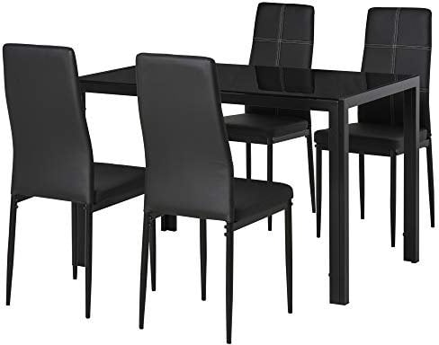 HOMCOM Conjunto de Comedor de Mesa y 4 Sillas 5 Piezas Juego de Muebles de Cocina Mesa Rectangular de Vidrio Templado y Sillas Tapizadas en PU con Patas de Metal Negro