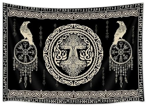 Hajmsug Wikinger-Wandteppich, schwarz-weißer Baum, Vogel der Weisheit, keltische Rune, Totem, nordische Mythologie, mittelalterliche Wikingerwandkunst, ästhetische Mythologie, Wandteppich für