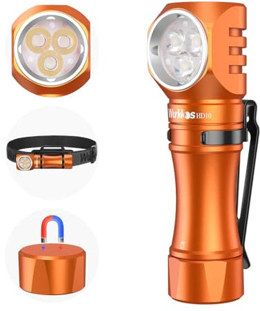 Wurkkos HD10 Rechargeable Flashlight - 1200 Lumens, Right Angle, Anduril 2.0 RGB UI, IP68 Waterproof, Magnetic, Pocket-Sized for Headlamp Use, Working, Hiking, Climbing - Orange 4000K