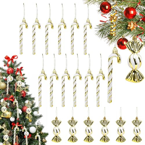 18 Stück Zuckerstangen Weihnachten mit Kordel Kleine Zuckerstangen Weihnachtsbaum Plastik Zuckerstangen Deko Weiß Gold Weihnachtsbaumschmuck Zuckerstangen Anhänger