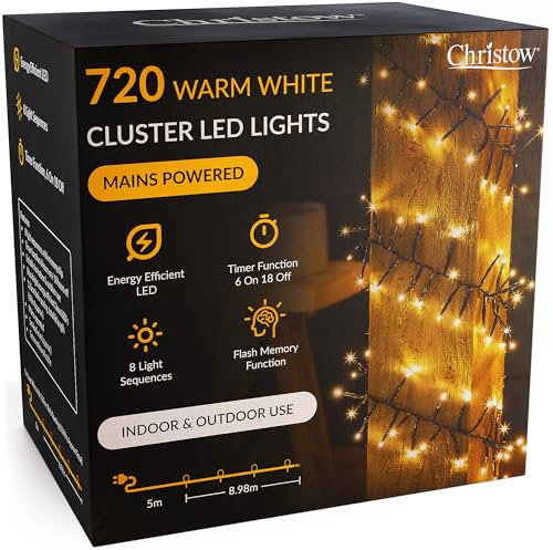 CHRISTOW 720 LED Cluster Christmas Tree Lights, Warm White Fairy Lights with Timer, 8 Light Modes, Energy Efficient 3mm Micro LEDs, Indoor & Outdoor, Mains Powered, Green Cable, 8.98m Lit Length