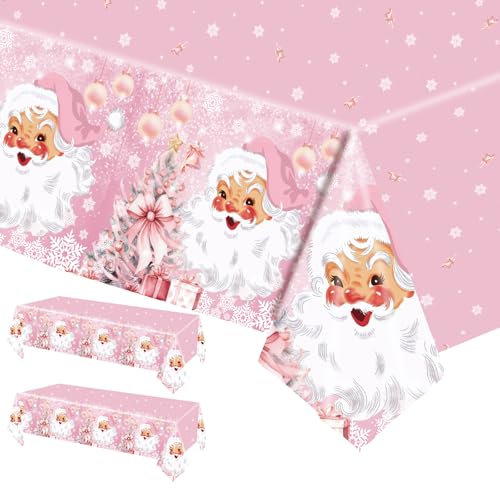 2 Stück Weihnachtstischdecke,Rechteck Weihnachten wasserdichte Tischdecke für Tischdekorationen,137 x 274cm Rosa Weihnachtsmann Kunststoff Tischdecke für Weihnachten Urlaub Winter-Party-Zubehör
