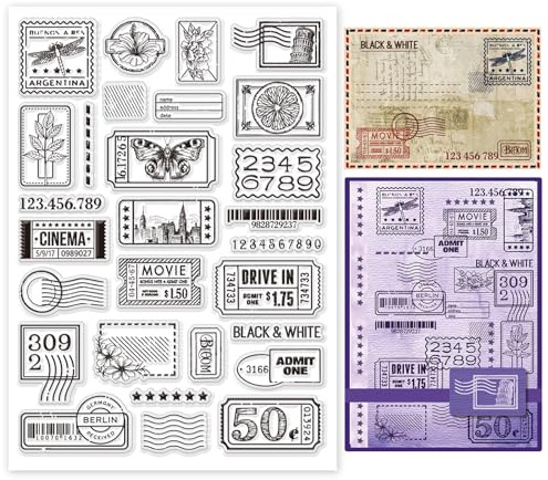 INFUNLY Vintage Tickets Transparente Stempel Zum Basteln von Karten DIY Poststempel Porto Silikon Stempel Postkarten Transparente Gummistempel Zum Basteln von Karten Scrapbooking Fototagebuch Album De