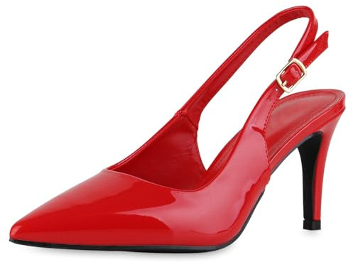 VAN HILL Damen Slingpumps Stiletto Lack Klassisch Schuhe 216223 Rot Lack 39