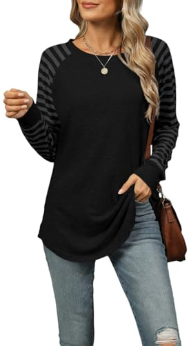 CIZEUR Pull Femme Chic et élégant avec Rayures sur Manches Longues T Shirt Col Rond Décontracté Ourlet Arrondi Blouses Sweat-Shirts Tuniques Automne Hiver