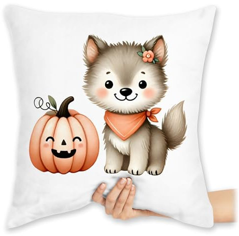 Kissen 40x40 Zierkissen - Süßer Wolf mit Kürbis | Halloween Wolf | Lustiges Herbst Motiv für Kinder | Herbstliches und niedliches Halloween Motiv - 40 x 40 cm - Weiß - Spooky Season