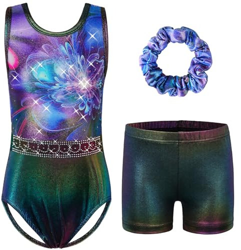 HUAANIUE Mädchen Kinder Gymnastikanzug Set Trikot + Shorts + Haarschmuck Ärmelloser Tanzanzug 3-14 Jahre (KHB373-Violette Blume, 7-8 Jahre)