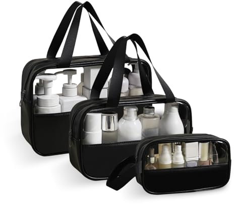Fyriswho 3 Pièces Trousse de Toilette Transparente, Grande et Imperméable pour Voyage - Femme et Homme (Noir)