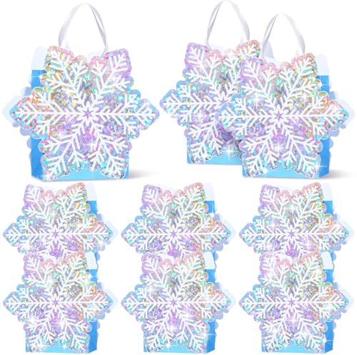 Kolldenn Holografische Schneeflocken-Geschenktüten, Schneeflocken-Partytüten, Prinzessinnen-Partygeschenke, Süßigkeiten-Leckerli-Tüten mit Griff, für Hochzeit, Urlaub, Geburtstag, Partyzubehör, 12
