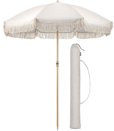 CHRISTOW Portable Garden Parasol with Tilt, 2m Cotton Tassel Beach Umbrella, Outdoor Patio Sunshade, Tilting Canopy, Steel Pole with Wood Effect, UV50+ Sun Protection, Water Resistant, Bag (White)