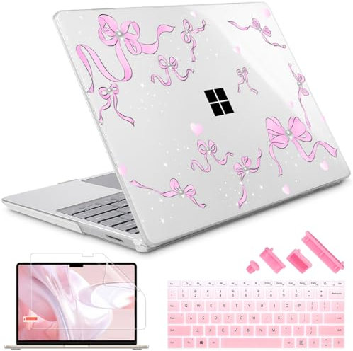May Chen for 13.5 inch Microsoft Surface Laptop 3/4/5 with Metal Palm Rest Models: 1951/1868, Hard Shell Case with Screen Protector with Keyboard Cover and Dust Plug, Pearl Bow