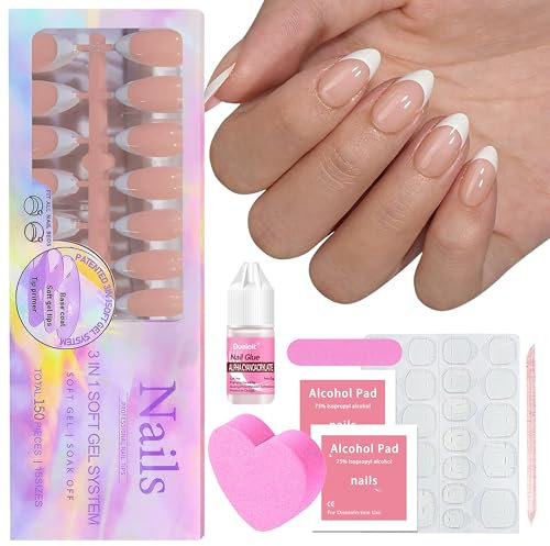 Falsche Nägel Tips Set - 150Stk Press on Nails Französische Kunstnägel, French Tip Fake Nails für Nägel Soft Gel Full Cover Nägel zum Aufkleben Natürliches & angenehmes Tragegefühl (Weiß Mandel)