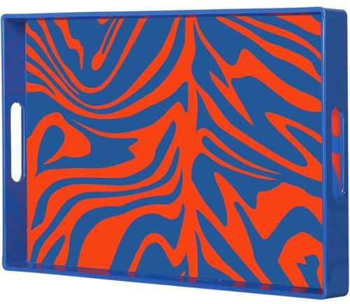 Simmer Stone Decorative Tray, Marbling Plastic With Handles, Rectangular Vanity And Serving For Bathroom, Kitchen, Ottoman And Coffee Table, 15.6” x 10.2” (Blue orange ripple)