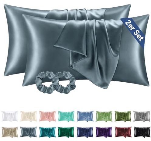 BEDELITE Satin Kissenbezug 2er Set 40x80 Silbergrau | Seidenkissenbezug Alternative, Weich für Sommer, 2 Haargummis inklusive, für Haar und Haut