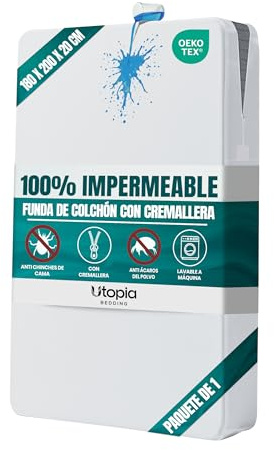 Coprimaterasso Integrale Impermeabile con Zip 180 x 200 x 20 cm, Antiacaro