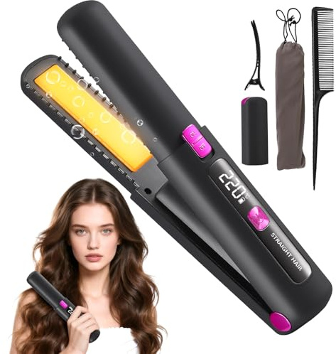 Cordless Hair Straighteners and Curler, 2 in 1 Mini Portable Flat Iron and Curler, USB Rechargeable Wireless Curling Iron, 4500mAh Travel Straightener with 7 Temperature & LED Display for Women