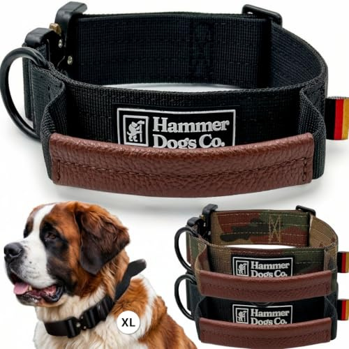 Hammer Dogs Heavy Control - Collar Táctico Perro Grande XL, Collar para Perros Grandes con Asa de Control, Hebilla Metálica Resistente, Nailon Reforzado, Ajustable para Paseo, Negro