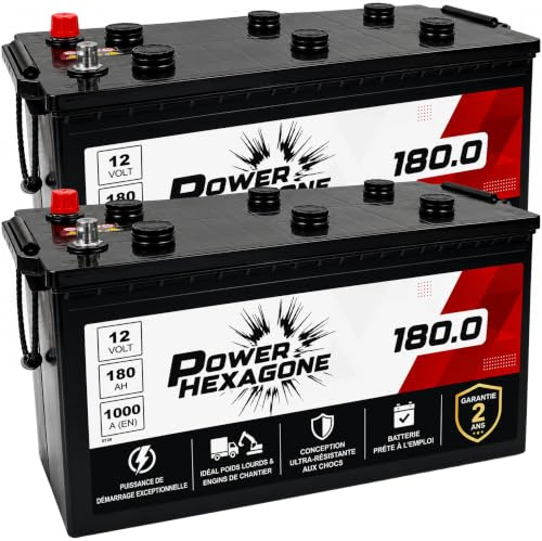 2 x Batterie 12V 180Ah B - Démarrage 1100A - Batterie Poids Lourd Sans Entretien - Format B Compatible Camion, Engin, Tracteur - Remplacement Origine constructeur - Power Hexagone