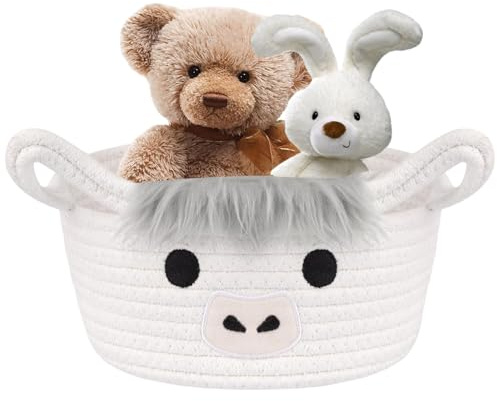 Sightday Highland Cow Woven Storage Baskets,Small Basket Handmade Cotton Rope Basket For Toys,Towel,Children's Laundry Basket,Bedroom,Living Room,Books,Gadgets,Pet Supplies(White)