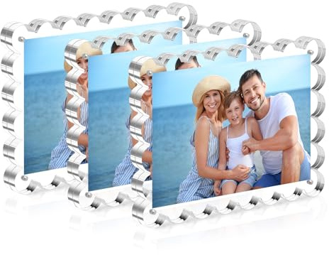HOUSE DAY Acrylic Picture Frames 5x7 Acrylic Frame, 3 Pack Scalloped Magnetic 5x7 Picture Frame, Double Sided Clear 5 x 7 Photo Frame, Frameless FreeStanding 5 x 7 Picture Frames Gift for Desktop Display