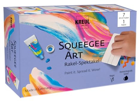 KREUL 43362 - Squeegee Art - Rakeltechnik für Kinder, Malset mit 7 x 20 ml Kids Art Kinder-Künstlerfarben + Rakel, Bastelset Kinder ab 6 Jahre