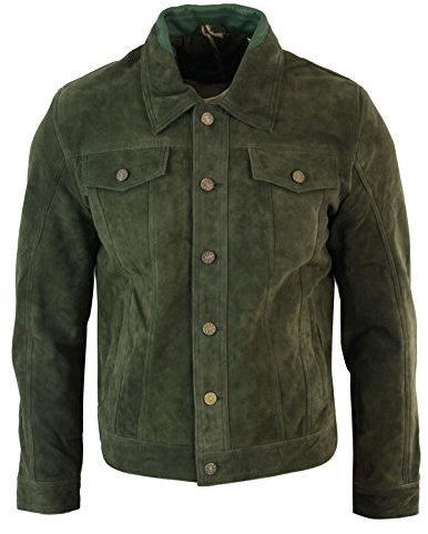 Mens Vintage Short Denim Style Retro Real Suede Leather Jean Jacket Casual Wine Green