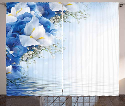 ABAKUHAUS Blau und weiß Rustikaler Vorhang, Hortensien Iris, Wohnzimmer Universalband Gardinen mit Schlaufen und Haken, 280 x 245 cm, Gelb Weiß