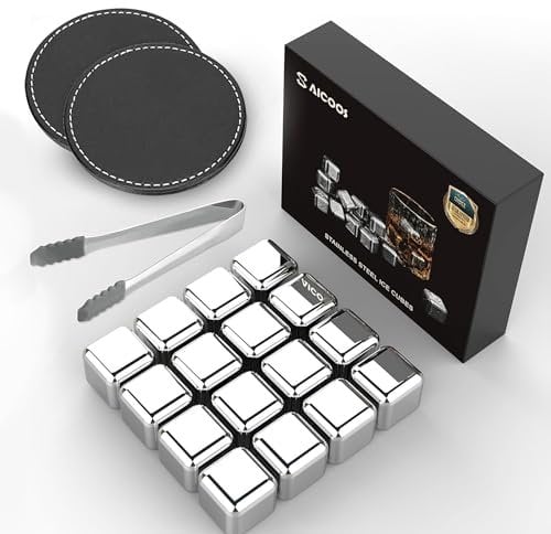 16 Stück Eiswürfel Aus Edelstahl Wiederverwendbare Whisky Steine Ice Cubes Set, Whiskysteine, Wein Kühlsteine Für Getränke, Vatertagsgeschenke für Männer und Ehemann