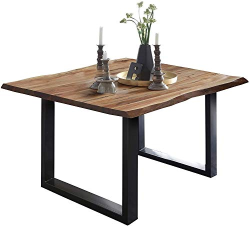 SAM Esszimmertisch 90 x 90 cm Mephisto, Baumkantentisch naturfarben, Akazienholz massiv, U-Gestell aus Metall schwarz