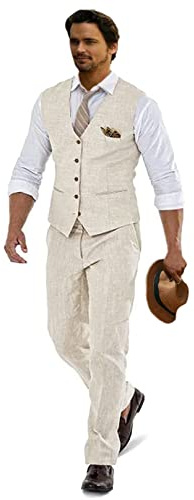 Furuyal Leinenanzüge für Herren, lässig, Hochzeit, 2-teilig, Anzüge für Trauzeugen, Smoking, Sommer, Strand, Abschlussball, Weste und Hose