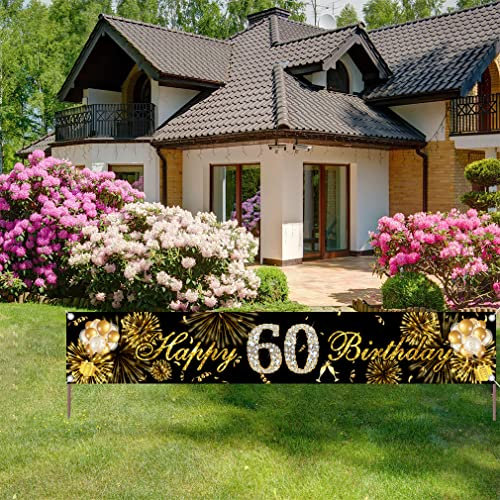 Décoration de 60e anniversaire,Bannière de cour noire et dorée,Décoration de jardin,Bannière en tissu pour 60e anniversaire,Panneau de bienvenue pour homme et femme,Fournitures de fête pour 60 ans