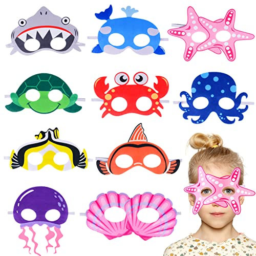 FORMIZON 10 Stück Ozeantiere Filz Masken, Meerestier Masken für Erwachsene und Kinder, Filz Ozean Tiermasken Elastischen Seil für Kindergeburtstag Maskerade Mottoparty, Cosplay Party