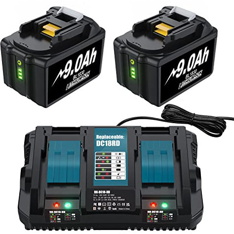 Lot de 2 batteries de rechange 18 V 9,0 Ah et 14,4-18 V 6 A DC18RD pour chargeurs Makita BL1860 BL1860B BL1850B BL1850 BL1840B BL1830B LXT-400 et DC18RCT DC18RA DC18RD