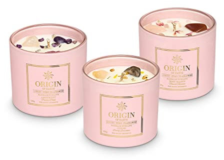 ORIGIN OF EARTH Duftkerzen im Glas (3er Set) 360g, Collection LOVE, Kerze mit Kristallen und Edelstein, Natürliche Sojawachskerze, 60 Stunden Brenndauer, mit lieblich-frischen Düften