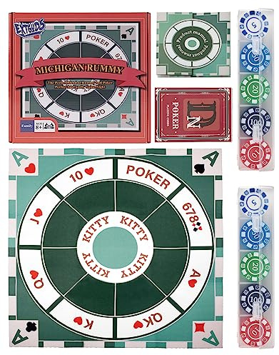 Extguds Michigan Rummy Deluxe brädspels set: Filt spelmatta + 2 lådor med spelchips (200 delar) + 1 Poker-skiva + 1 spelmanual. Den perfekta blandningen av Rummy och Poker, perfekt för familjespel
