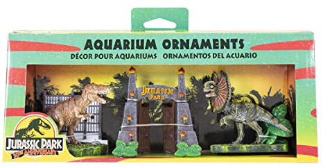 Penn-Plax Jurassic Park Offiziell Lizenziertes 3-teiliges Aquarium-Ornament-Set – inklusive T-Rex Parktor und Dilophosaurus Dekorationen – klein