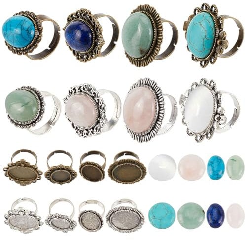 SUNNYCLUE 16 Stück DIY 8 Sätze Ringlünetten Rohlinge Natursteine Cabochons Antik Stil Verstellbarer Fingerring Rohling Komponenten Edelsteine Ringe Herstellungsset Ovaler Runder Flacher Cabochon Für S