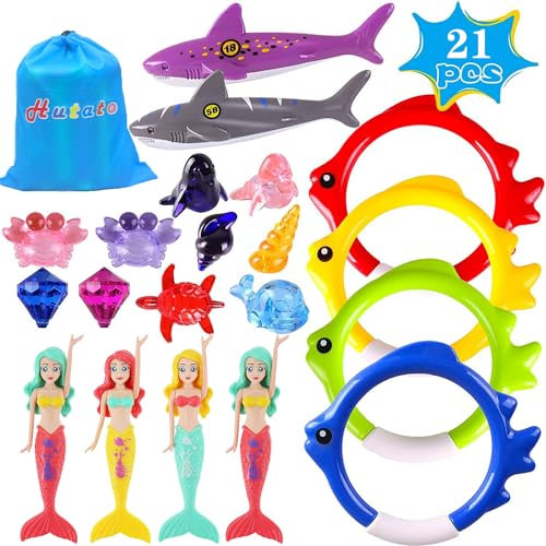 Hutato 21 Stück Pool Spielzeug Kinder Set - Torpedos Tauchringe Edelsteine Fisch Algen Schwimmspielzeug für 5 6 7 8 9-12 Jahren Jungen Mädchen Unterwasser Pool Spielzeug Tauchen